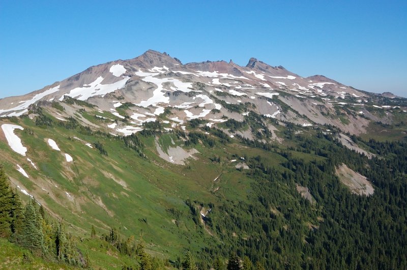 View of Old Snowy (left) and Ives Peak (right) from pass on Goat Ridge