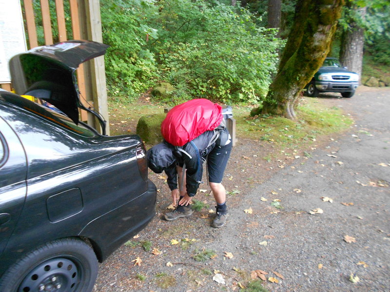 Mayhen bending over again with his homless hiker pack on...