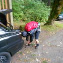 Mayhen bending over again with his homless hiker pack on...